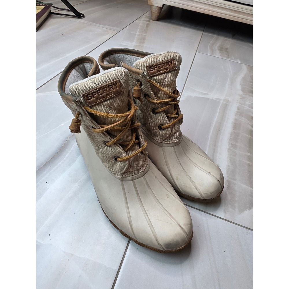 Sperry Top-Sider Saltwater Duck Boots Womens 7.5 Tan Quilted Canvas STS99071 A2 - Picture 13 of 16